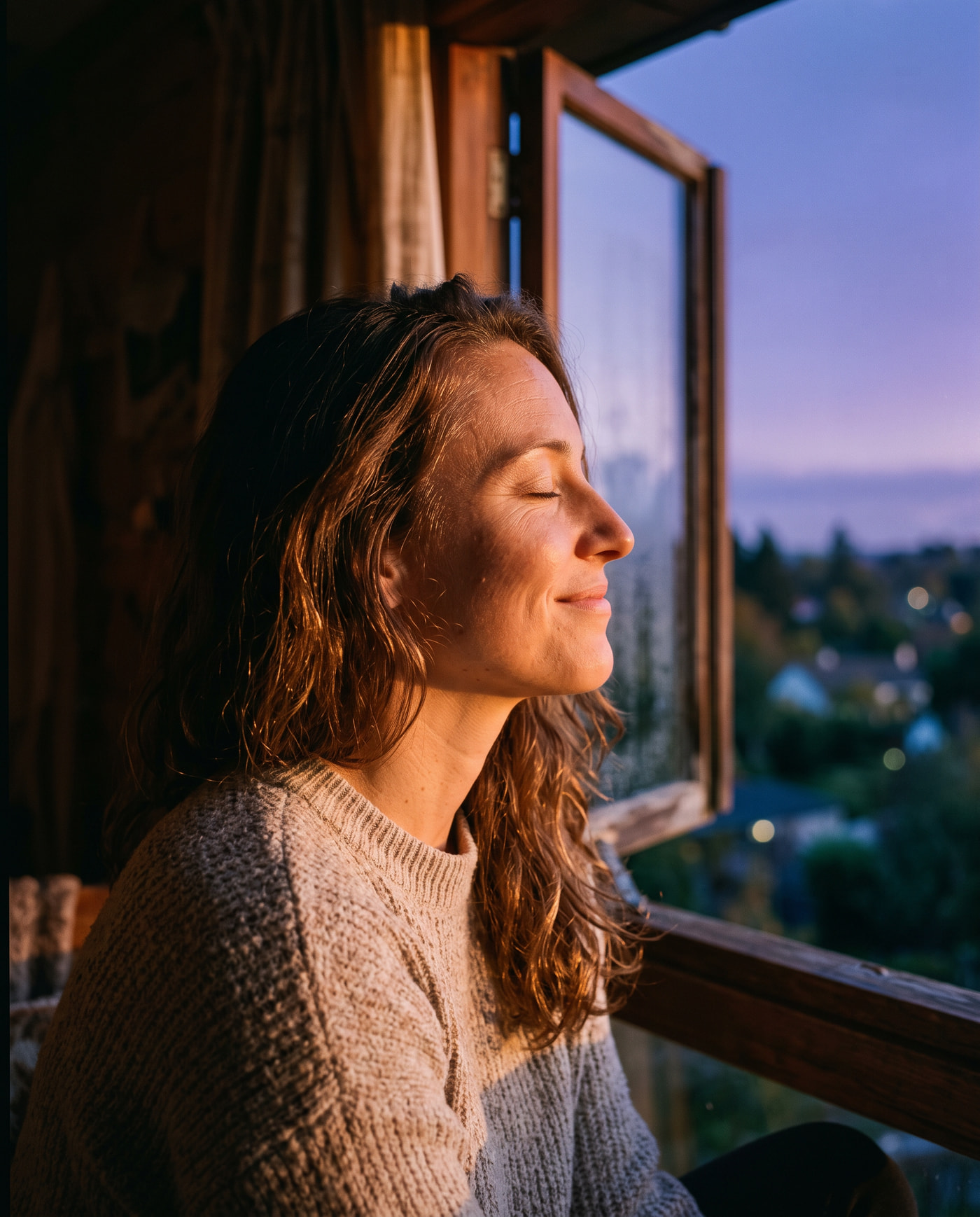 A woman at an open window at dusk, eyes closed, smiling in the last warm light.